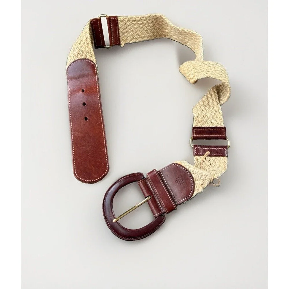 Lauren Ralph Lauren Woven Raffia Leather Wide Belt Women Size M Brown Boho RLL